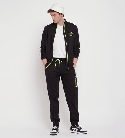 Men Black Compact Cotton Zip Up Tracksuit with Embossed Logo