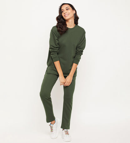Women Green Relaxed Fit Crew Neck All Season Tracksuit
