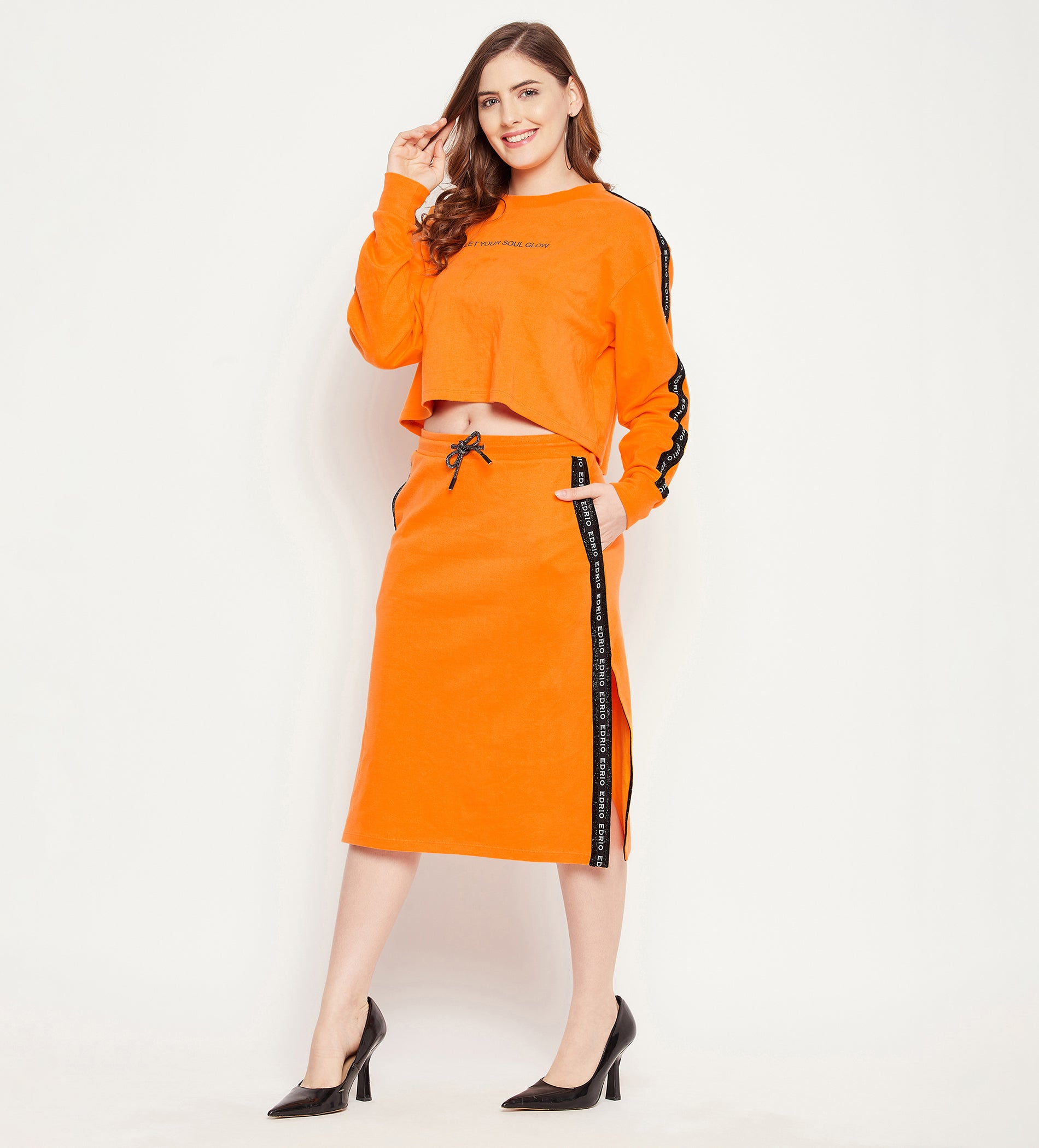 Women Neon Orange Relaxed Fit Skirt Set