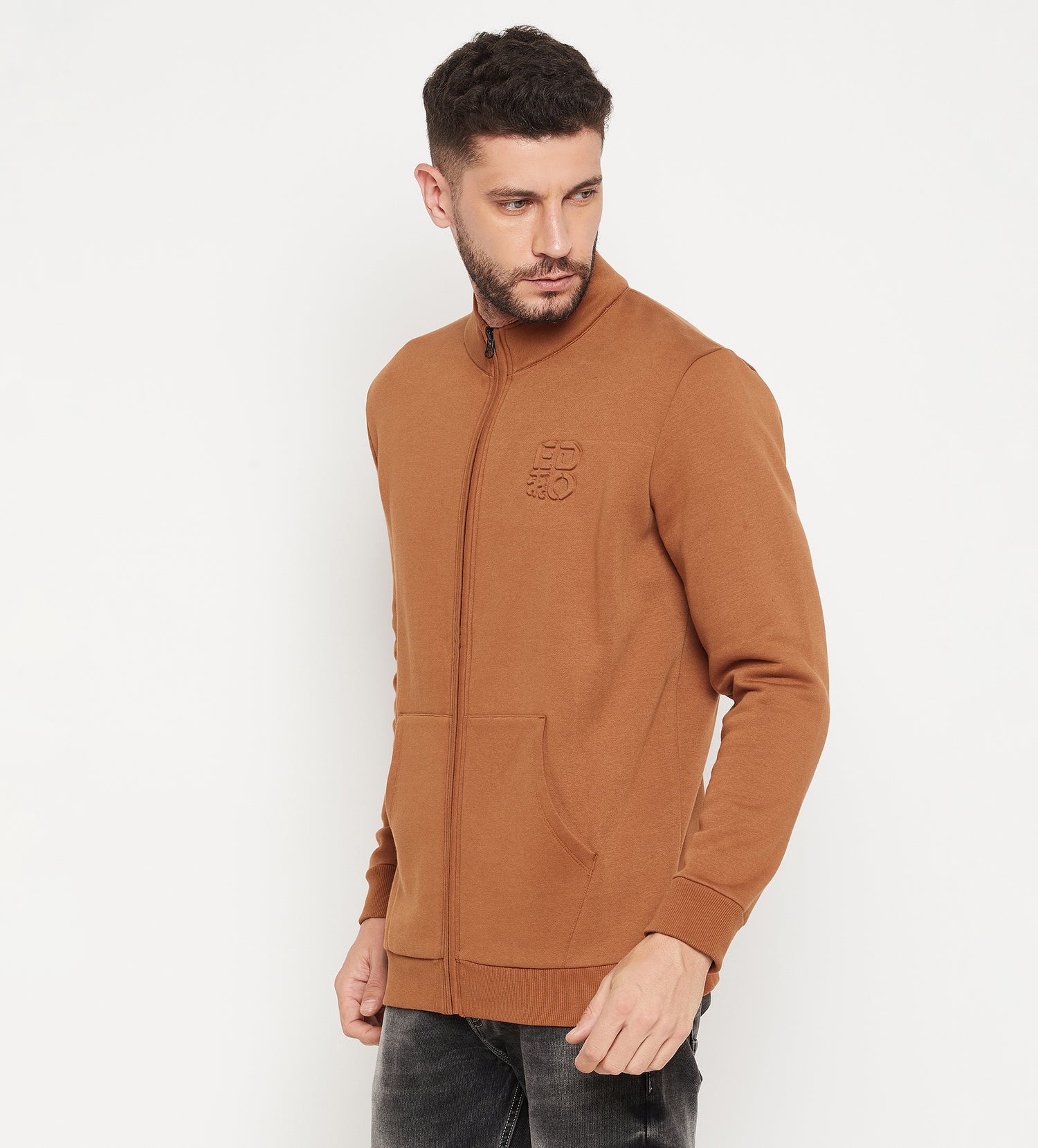 Men Tan Self Embossed Regular Fleece Sweatshirt