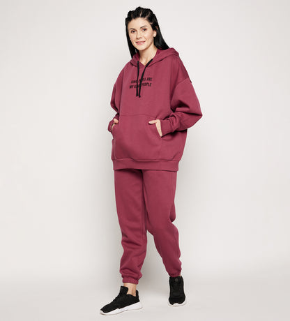 Women Red Oversized Fleece Tracksuit With Embroidery