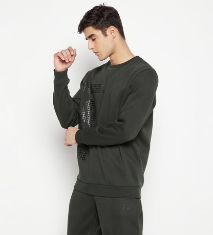 Men Green Tonal Printed Regular Fleece Sweatshirt