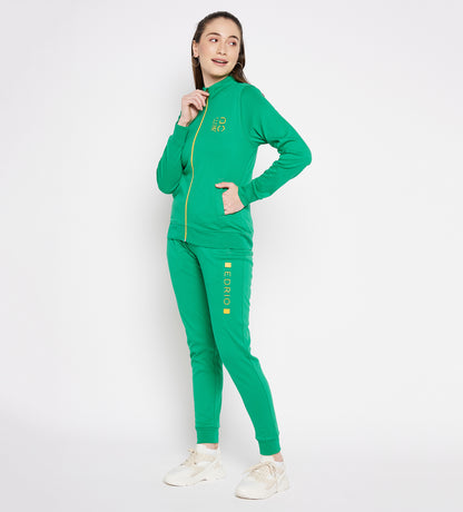 Women Green Compact Cotton Zip up Tracksuit with Embossed Logo