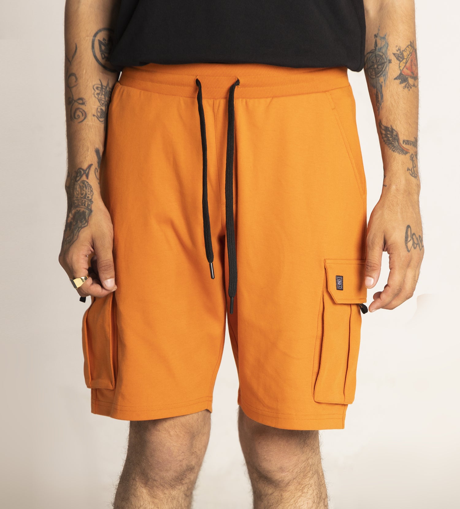 Men Orange Cotton Cargo Shorts With Patch Logo