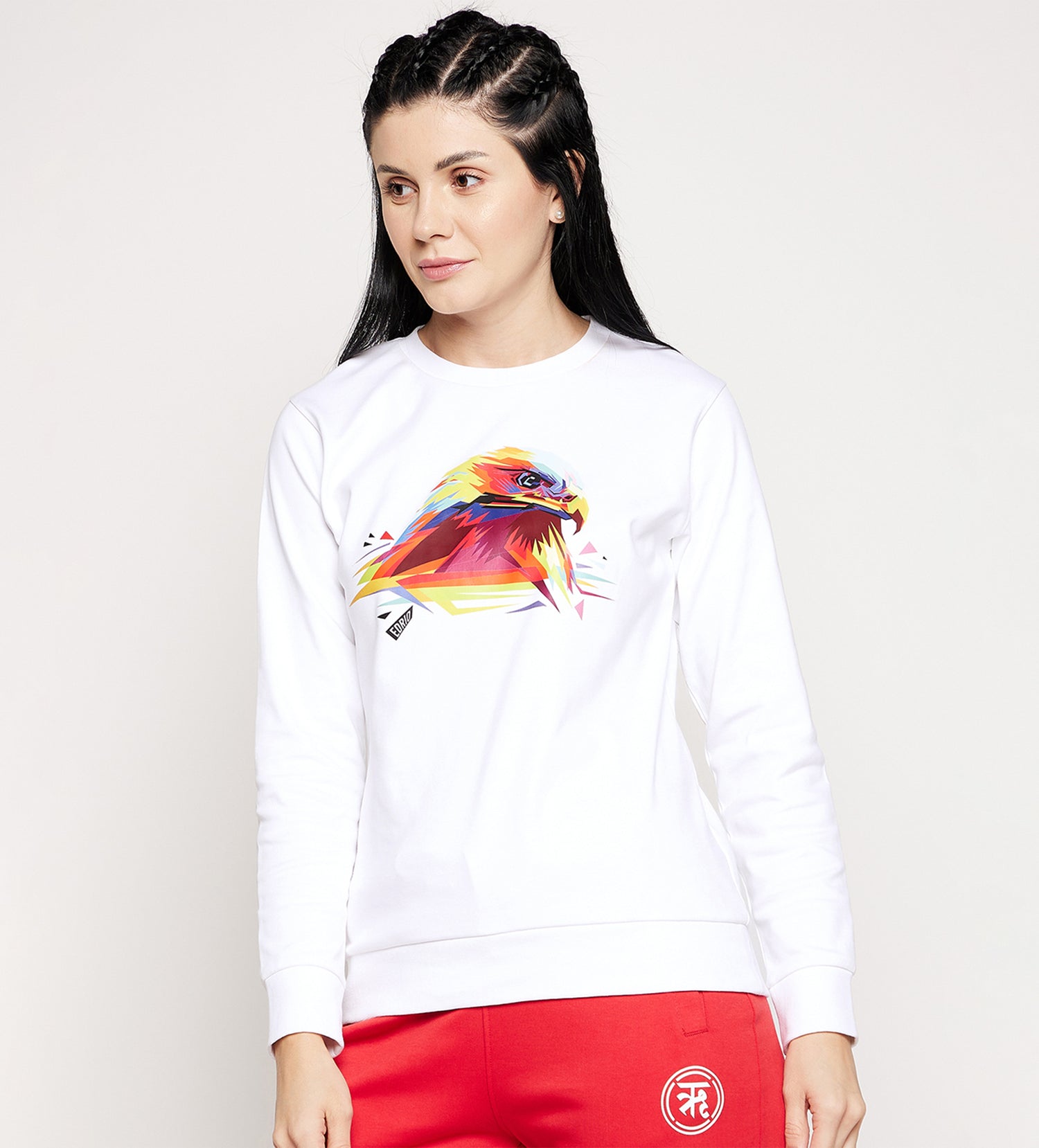 Women White Regular Printed Crew Neck All Season Sweatshirt
