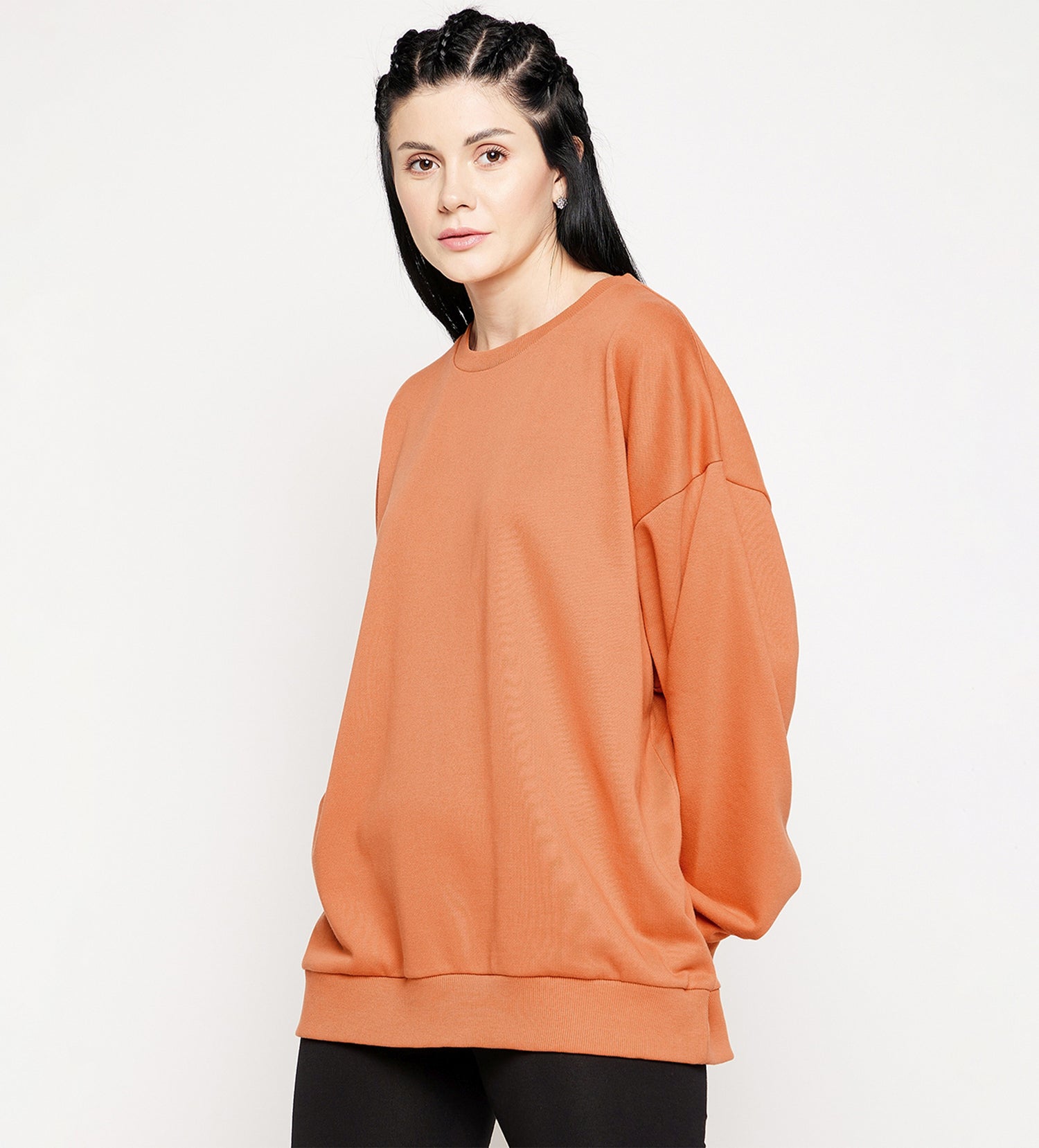 Women Orange Crew Neck Oversized All Season Sweatshirt