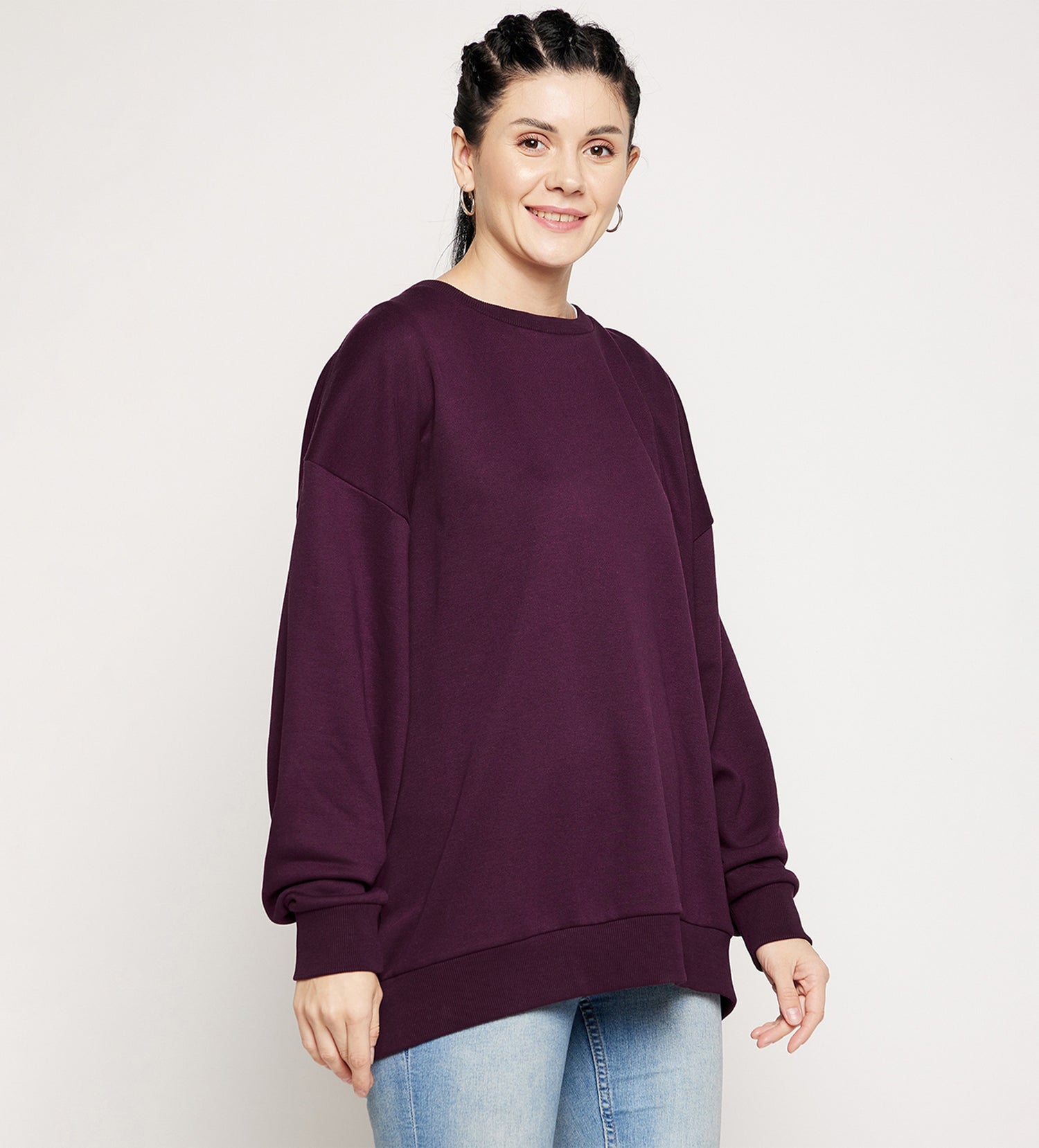 Women Purple Crew Neck Oversized All Season Sweatshirt