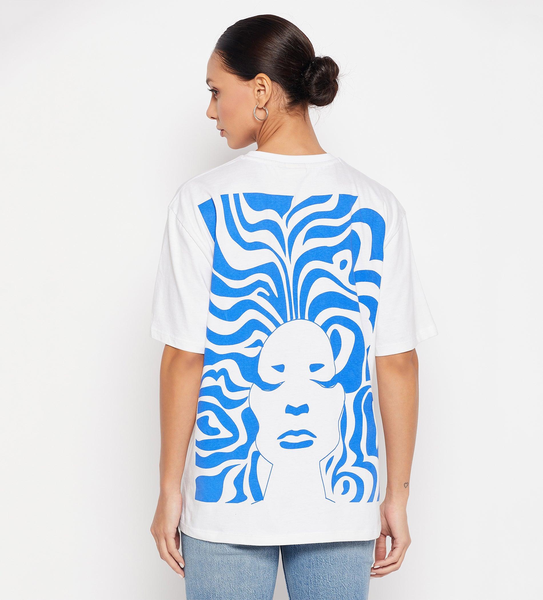 White Doodle Print Oversized T-Shirt for Women