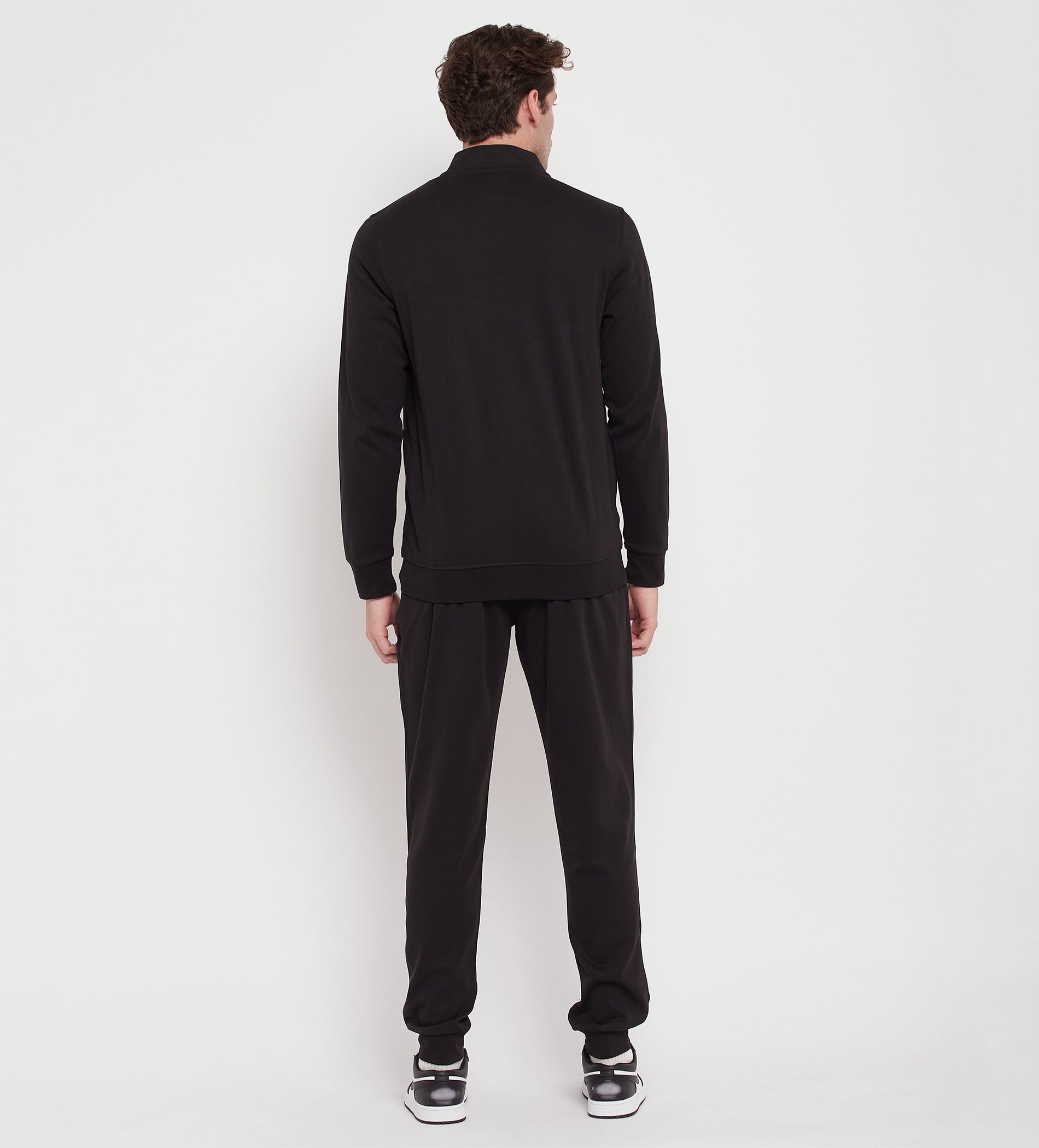 Men Black Compact Cotton Zip Up Tracksuit with Embossed Logo