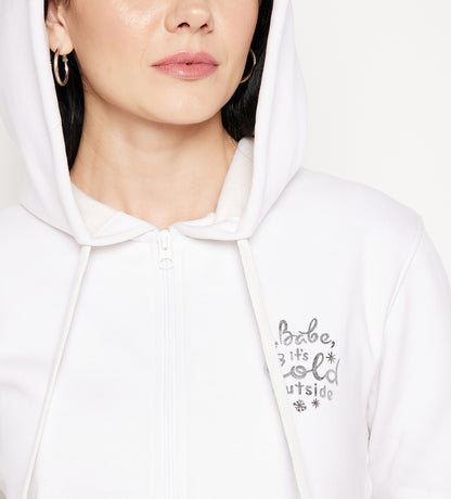 Women White Regular Fleece Sweatshirt With Foil Print