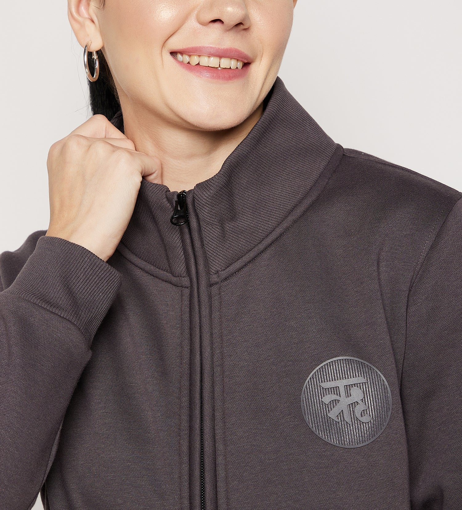 Women Charcoal Regular Fleece Zipper  Sweatshirt With HD Logo