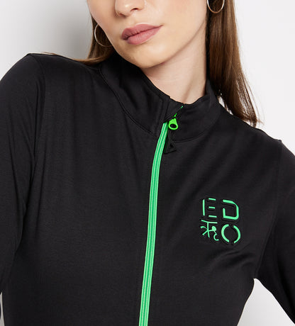 Women Black Compact Cotton Zip Up Tracksuit with Embossed Logo