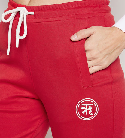 Women Red Compact Cotton Slim Fit All Season Trackpant