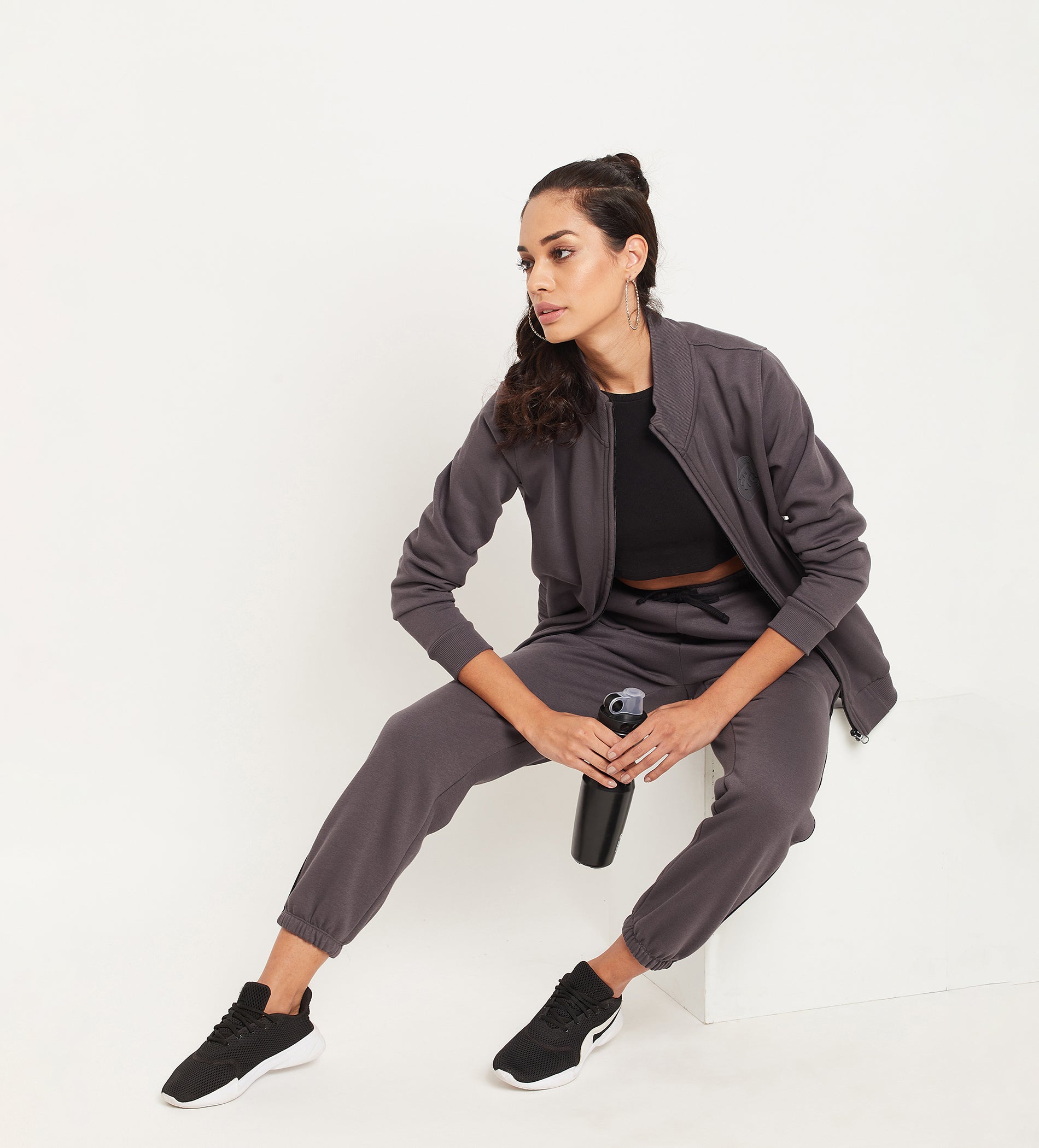 Women Charcoal Fleece Jogger with Piping