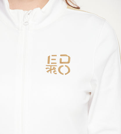 Women White Regular Zip Up All Season Tracksuit With Golden Lace