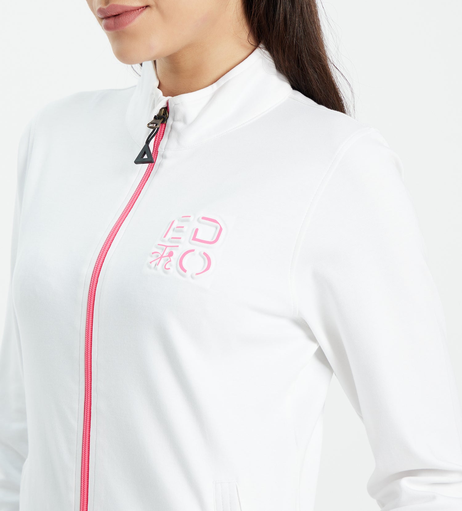 Women White Compact Cotton Zip up Tracksuit with Embossed Logo
