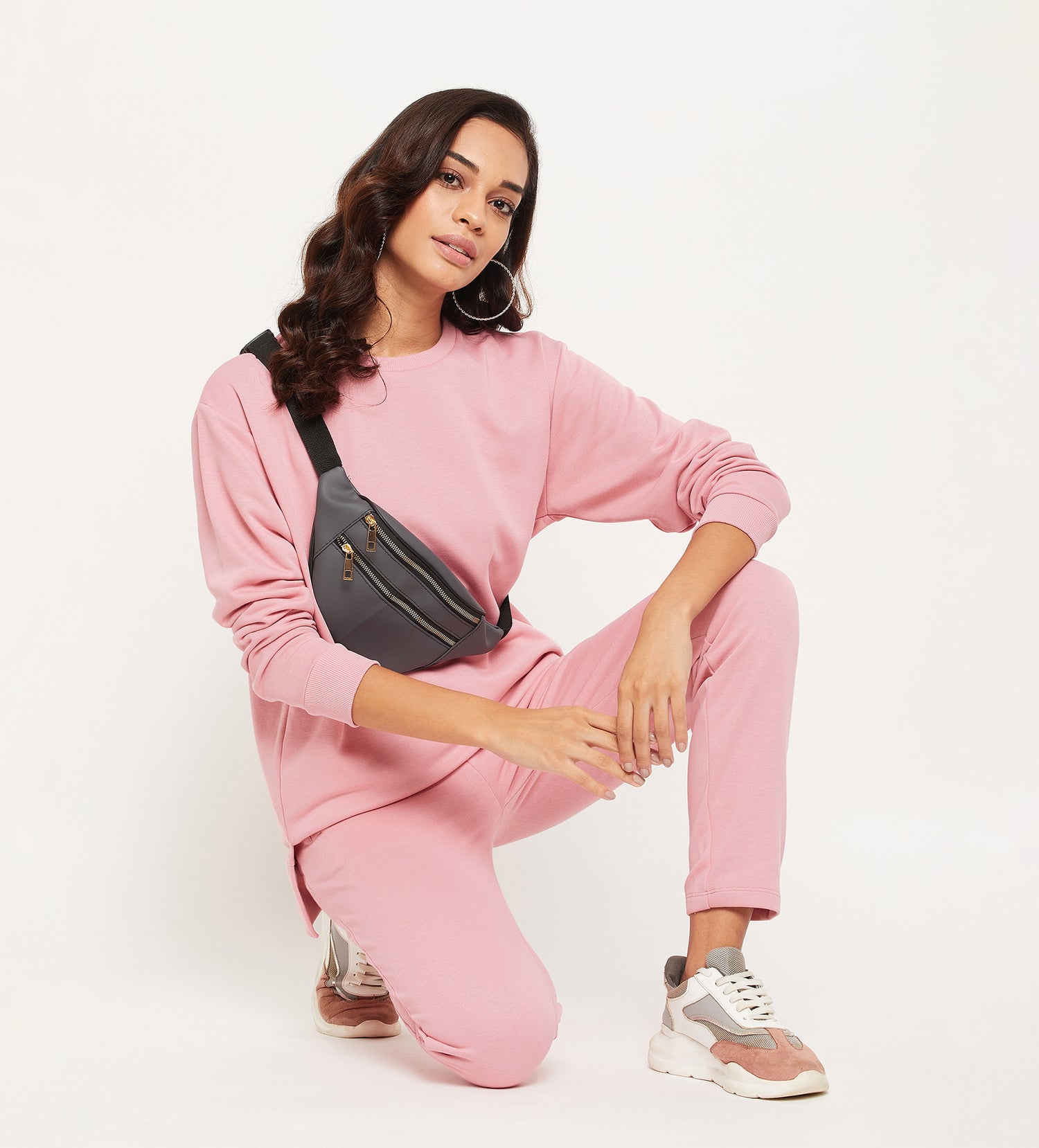 Women Pink Relaxed Fit Crew Neck All Season Tracksuit