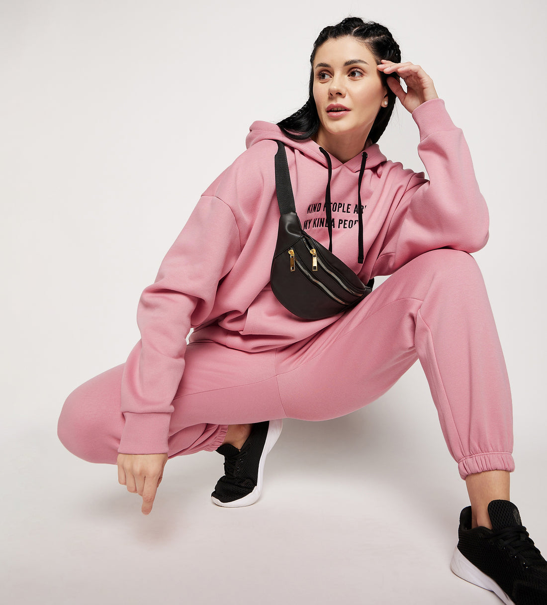 Women Pink Oversized Fleece Tracksuit With Embroidery