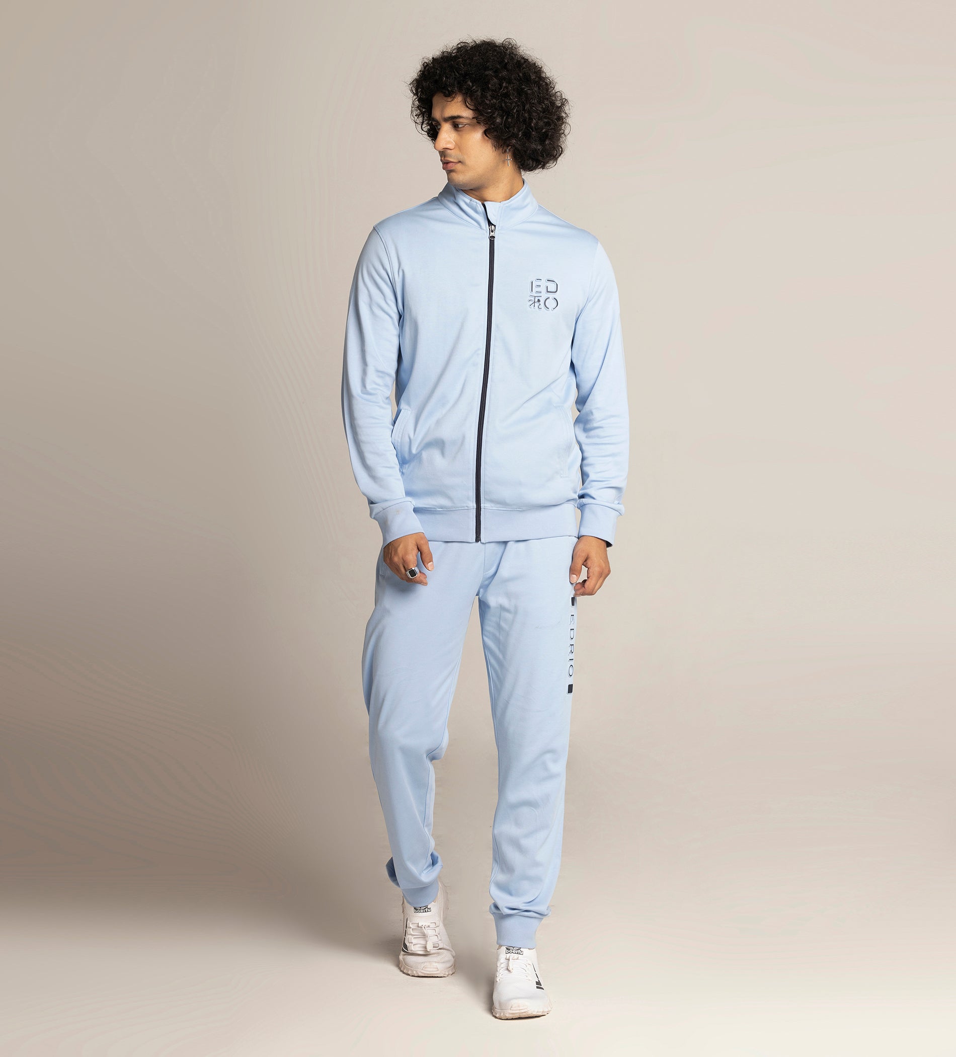 Men Blue Compact Cotton Zip Up Tracksuit with Embossed Logo