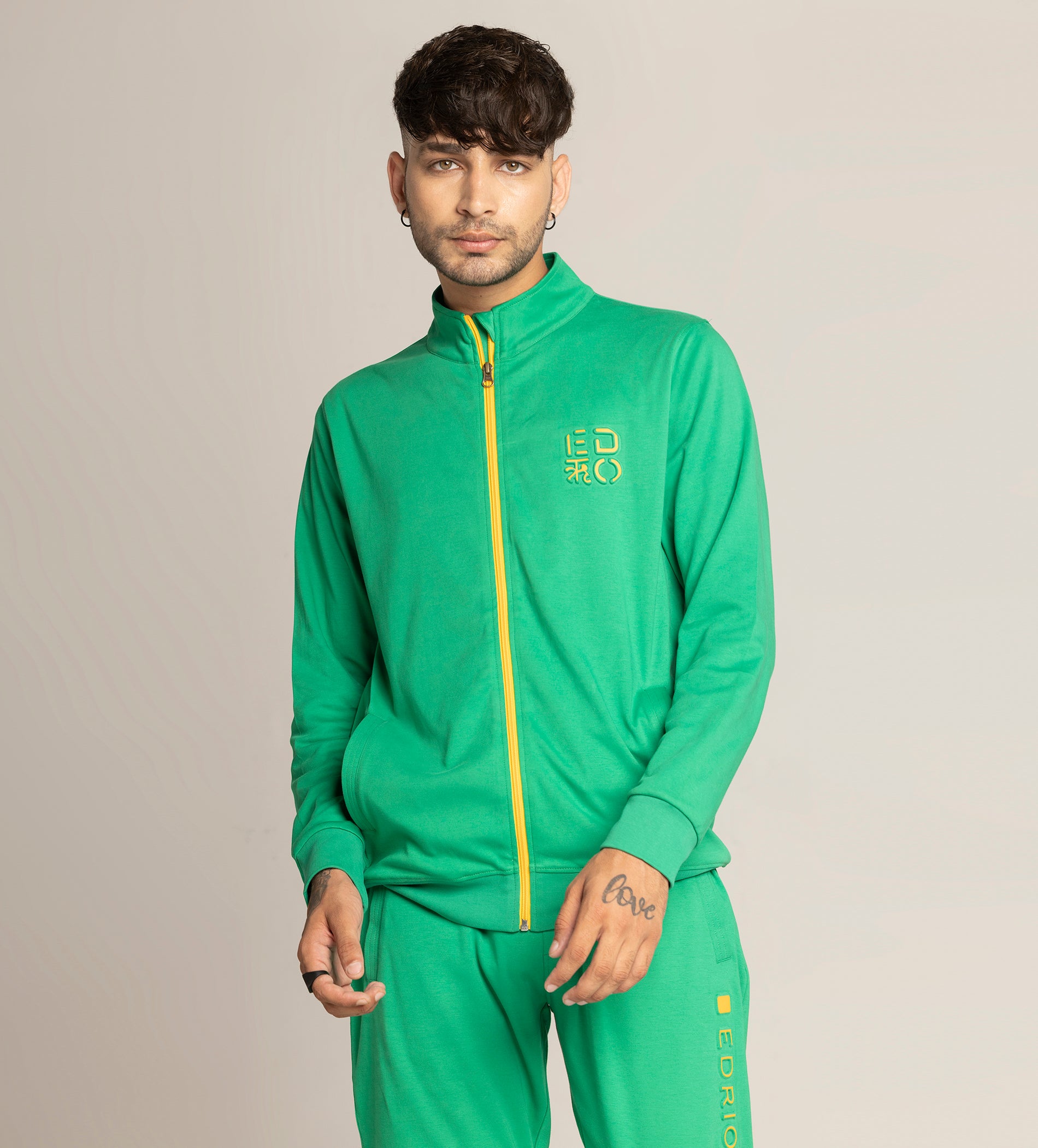 Men Green Compact Cotton Zip Up Tracksuit with Embossed Logo