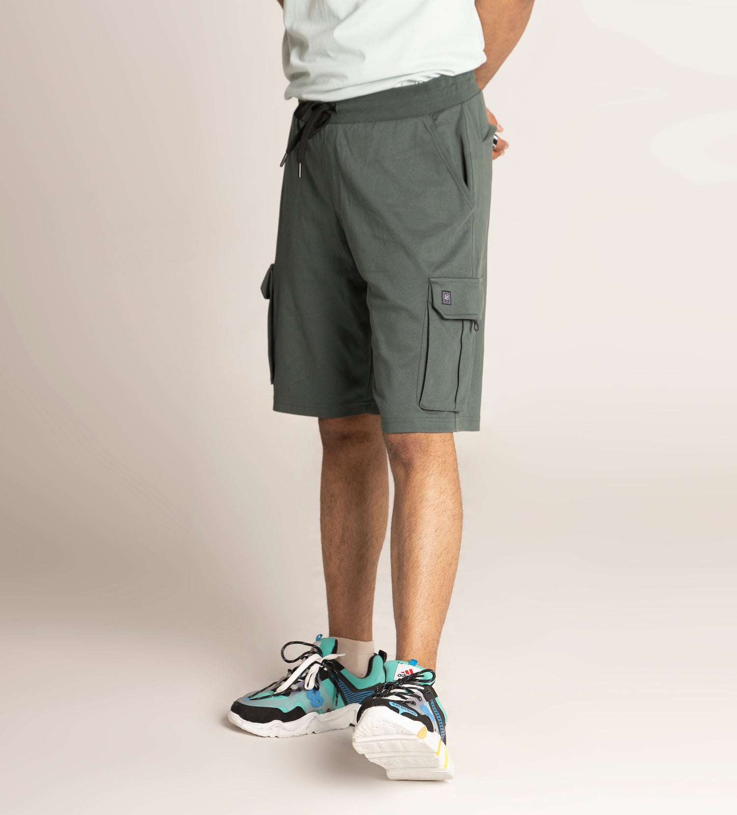 Men Green Cotton Cargo Shorts With Patch Logo